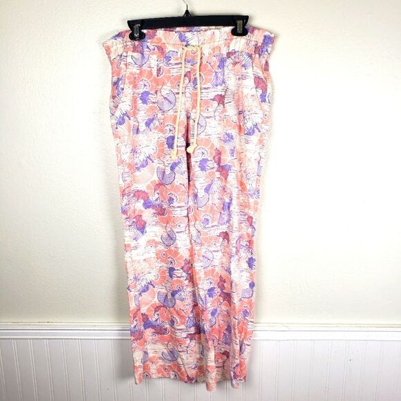 Women's Roxy Flax Linen Pink and Purple  Drawstring Relaxed Raw Hem Pants Sz LRG - Picture 1 of 14